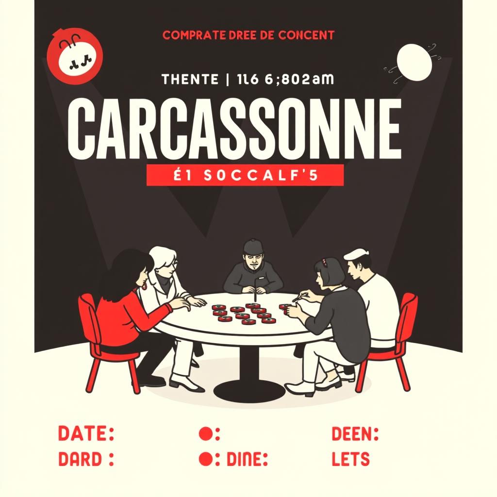 A vertical A4 poster concept designed as an invitation to a game library event styled like a concert for the board game "CARCASSONNE", prominently featured at the top in large, bold letters