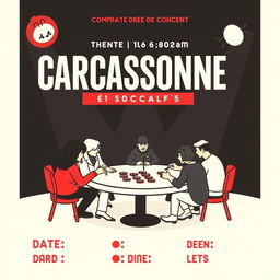 A vertical A4 poster concept designed as an invitation to a game library event styled like a concert for the board game "CARCASSONNE", prominently featured at the top in large, bold letters