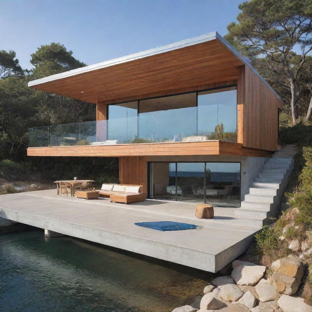 A small modern beach house featuring innovative design elements, with sleek lines, cutting-edge technology, and eco-friendly materials, harmoniously blended with the coastal scenery.