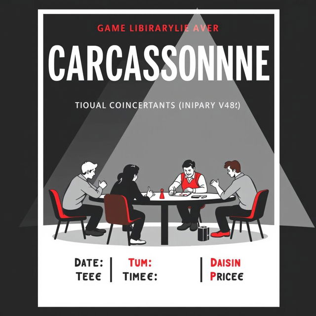 A vertical A4 poster concept designed as an invitation to a game library event styled like a concert for the board game "CARCASSONNE", prominently featured at the top in large, bold letters