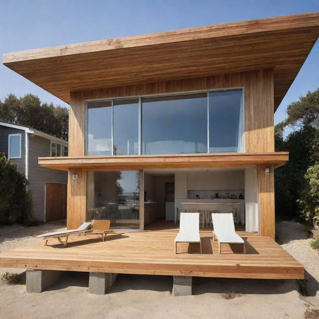 A small modern beach house with a surfer style, characterized by its laid-back look, deck for surfboard storage, and ocean-inspired decorations, nestled near the breaking waves.