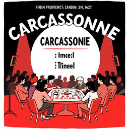 A vertical A4 poster concept designed as an invitation to a game library event styled like a concert for the board game "CARCASSONNE", prominently displayed at the top in large, bold letters