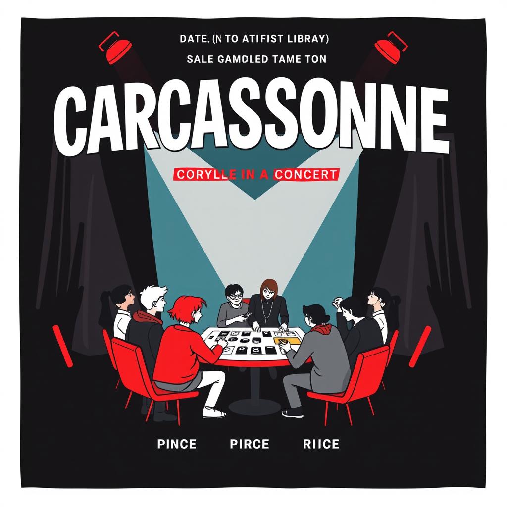 A vertical A4 poster concept designed as an invitation to a game library event styled like a concert for the board game "CARCASSONNE", prominently displayed at the top in large, bold letters