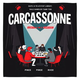 A vertical A4 poster concept designed as an invitation to a game library event styled like a concert for the board game "CARCASSONNE", prominently displayed at the top in large, bold letters