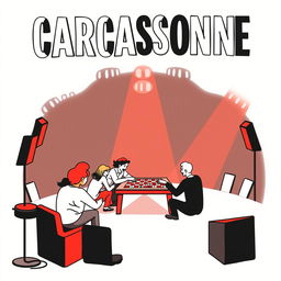 A vertical A4 poster concept designed as an invitation to a game library event styled like a concert for the board game "CARCASSONNE", prominently displayed at the top in large, bold letters