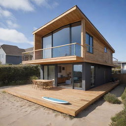 A small modern beach house with a surfer style, characterized by its laid-back look, deck for surfboard storage, and ocean-inspired decorations, nestled near the breaking waves.