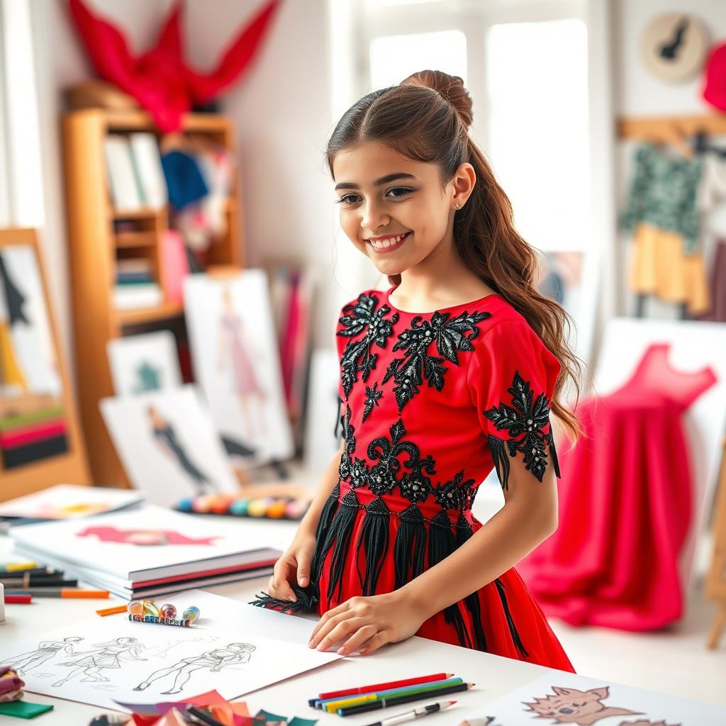 A stylish and elegant girl enjoying a creative moment as she designs a short dress