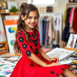 A stylish and elegant girl enjoying a creative moment as she designs a short dress