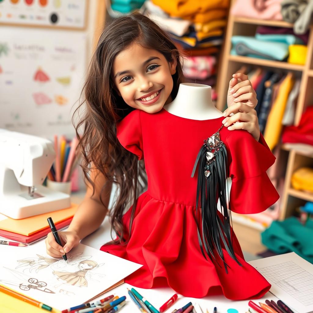 A creative young girl enthusiastically designing a stylish short dress