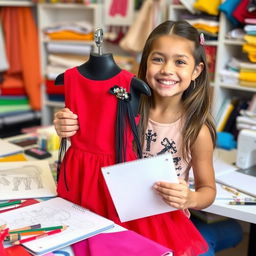 A creative young girl enthusiastically designing a stylish short dress