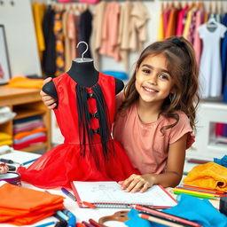 A creative young girl enthusiastically designing a stylish short dress