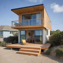 A small modern beach house with a surfer style, characterized by its laid-back look, deck for surfboard storage, and ocean-inspired decorations, nestled near the breaking waves.