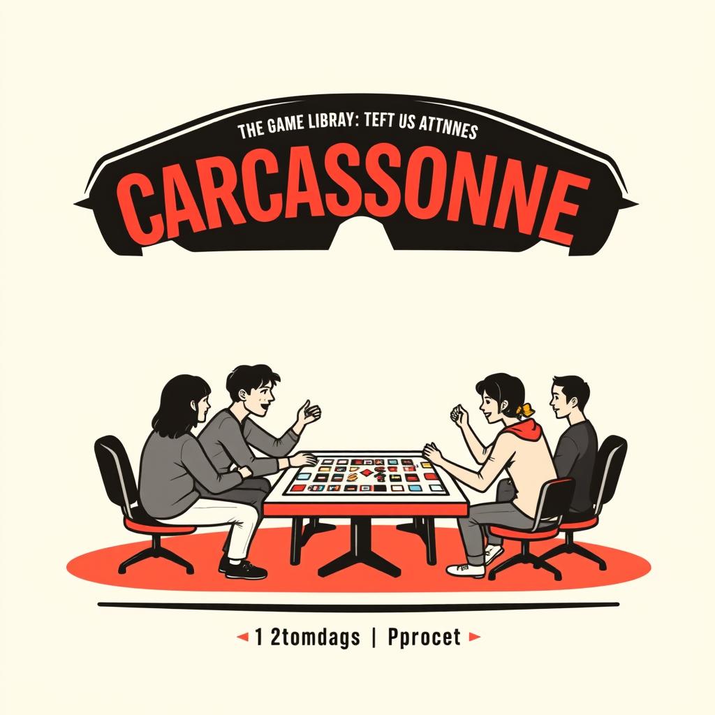 A vertical A4 poster concept styled as an invitation to a game library event resembling a concert for the board game "CARCASSONNE", with the title prominently displayed at the top in large, eye-catching letters