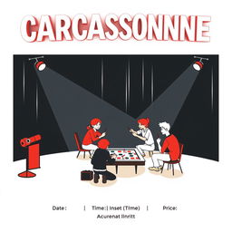 A vertical A4 poster concept styled as an invitation to a game library event resembling a concert for the board game "CARCASSONNE", with the title prominently displayed at the top in large, eye-catching letters