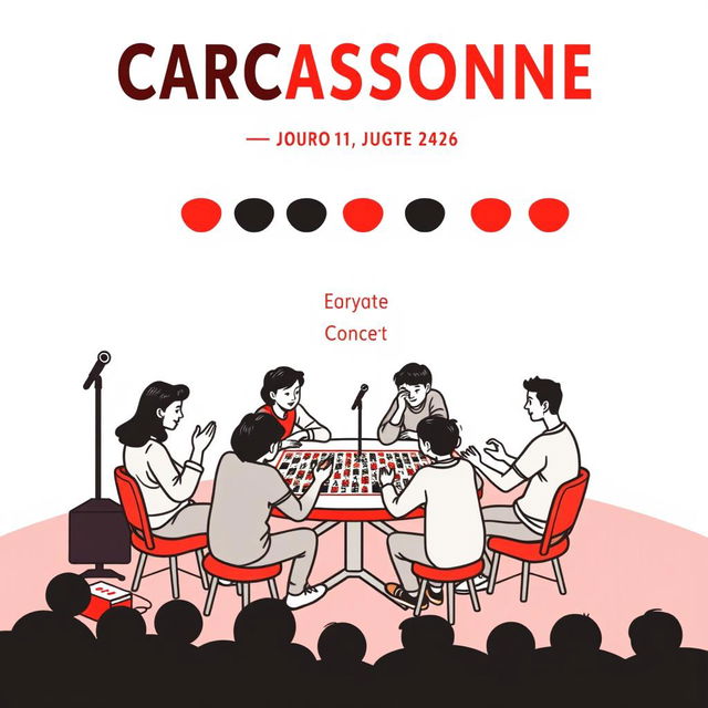 A vertical A4 poster concept styled as an invitation to a game library event resembling a concert for the board game "CARCASSONNE", with the title prominently displayed at the top in large, eye-catching letters