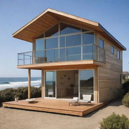 A small modern beach house with a surfer style, characterized by its laid-back look, deck for surfboard storage, and ocean-inspired decorations, nestled near the breaking waves.