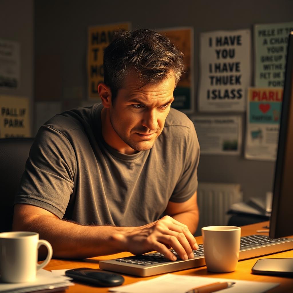 An expressive image capturing a man sitting at a desk in front of a computer, visibly losing patience