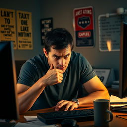 An expressive image capturing a man sitting at a desk in front of a computer, visibly losing patience