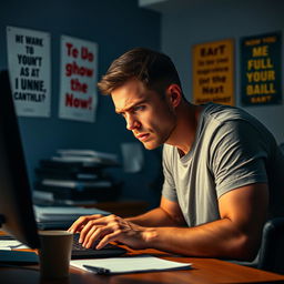 An expressive image capturing a man sitting at a desk in front of a computer, visibly losing patience