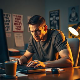 An expressive image capturing a man sitting at a desk in front of a computer, visibly losing patience