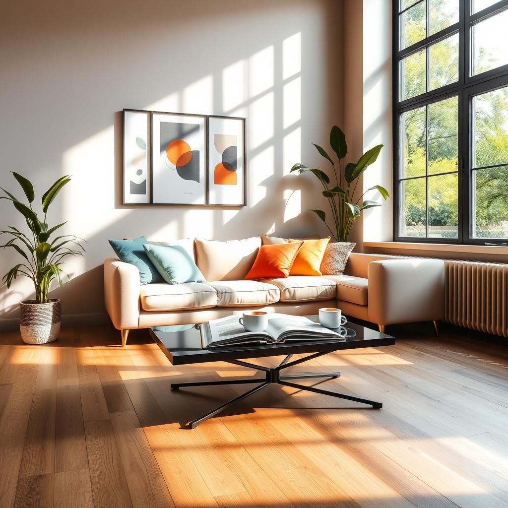 A cozy, modern room interior with a large window allowing natural light to stream in, casting warm beams across the wooden floor