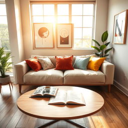 A cozy, modern room interior with a large window allowing natural light to stream in, casting warm beams across the wooden floor