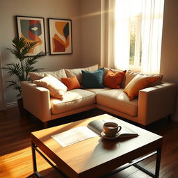 A cozy, modern room interior with a large window allowing natural light to stream in, casting warm beams across the wooden floor