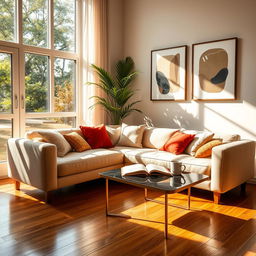 A cozy, modern room interior with a large window allowing natural light to stream in, casting warm beams across the wooden floor