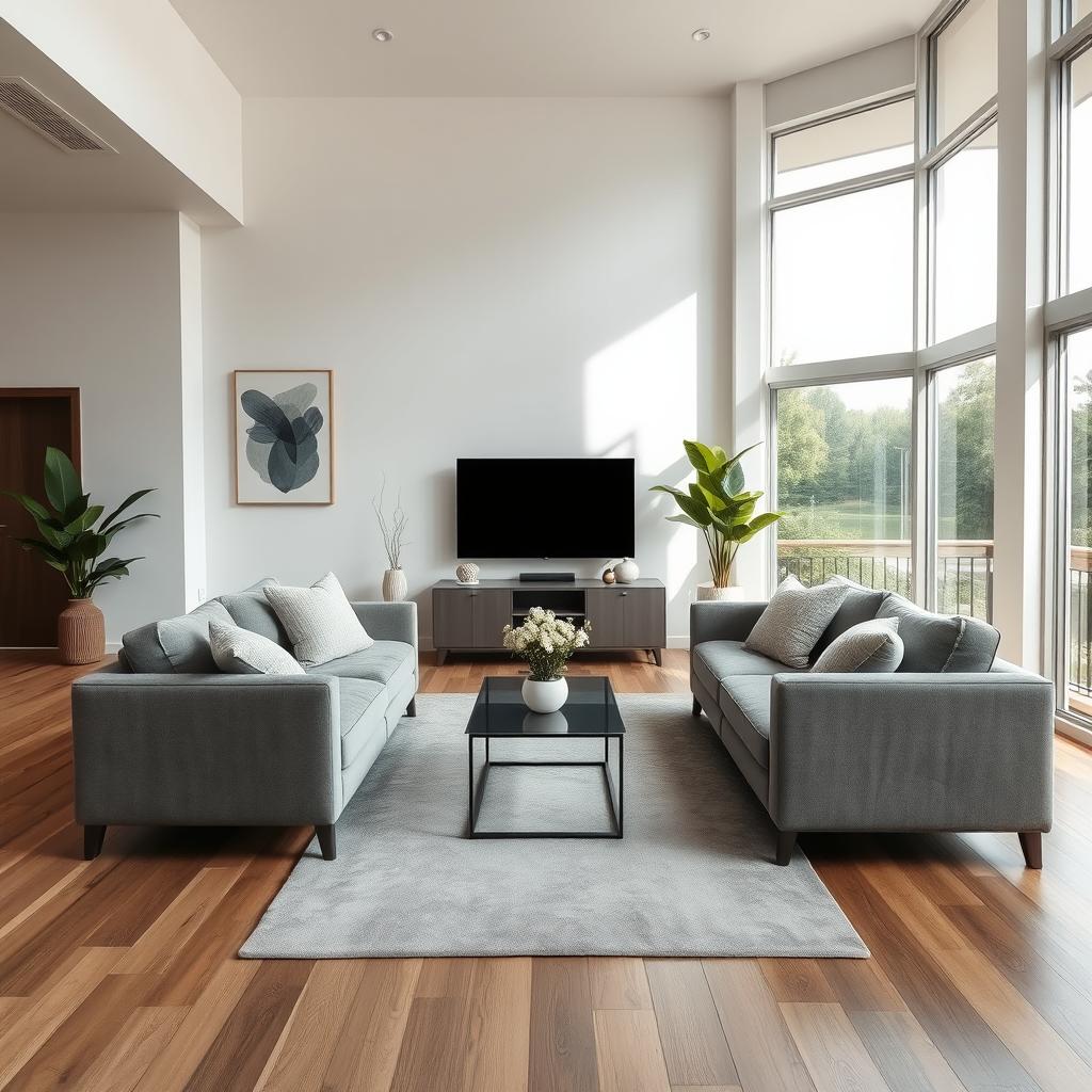 A beautifully captured photograph of a modern living room, showcasing a spacious layout with large windows that allow natural light to fill the space