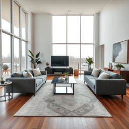 A beautifully captured photograph of a modern living room, showcasing a spacious layout with large windows that allow natural light to fill the space