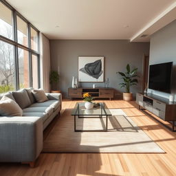 A beautifully captured photograph of a modern living room, showcasing a spacious layout with large windows that allow natural light to fill the space