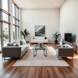 A beautifully captured photograph of a modern living room, showcasing a spacious layout with large windows that allow natural light to fill the space