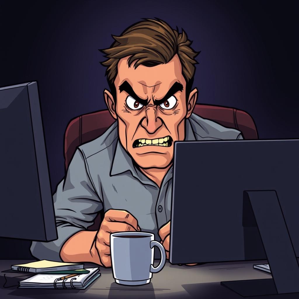 A vivid illustration of an angry man sitting at a desk in front of a computer