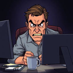 A vivid illustration of an angry man sitting at a desk in front of a computer