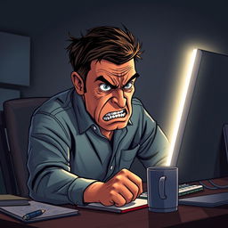 A vivid illustration of an angry man sitting at a desk in front of a computer