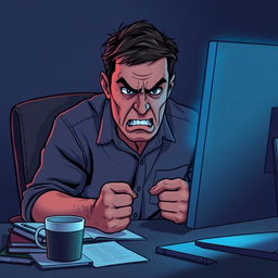 A vivid illustration of an angry man sitting at a desk in front of a computer