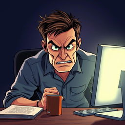 A vivid illustration of an angry man sitting at a desk in front of a computer