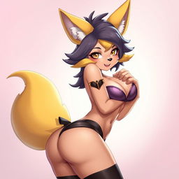 A stunning anthropomorphic furry character with vibrant yellow ears and a fluffy yellow tail, dressed in sexy attire that highlights her curves