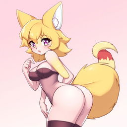 A stunning anthropomorphic furry character with vibrant yellow ears and a fluffy yellow tail, dressed in sexy attire that highlights her curves