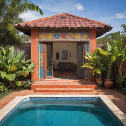 A small modern beach house with a compact front pool, radiating a Mexican vibe, with vibrant colors, traditional tilework, and lush tropical plants.