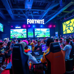 An intense scene depicting a Fortnite tournament featuring a diverse group of gamers, passionately focused on their gameplay