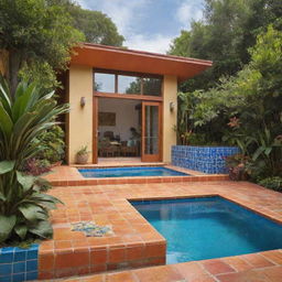 A small modern beach house with a compact front pool, radiating a Mexican vibe, with vibrant colors, traditional tilework, and lush tropical plants.