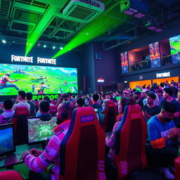 An intense scene depicting a Fortnite tournament featuring a diverse group of gamers, passionately focused on their gameplay