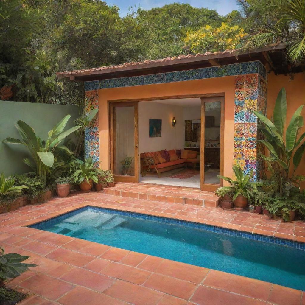 A small modern beach house with a compact front pool, radiating a Mexican vibe, with vibrant colors, traditional tilework, and lush tropical plants.