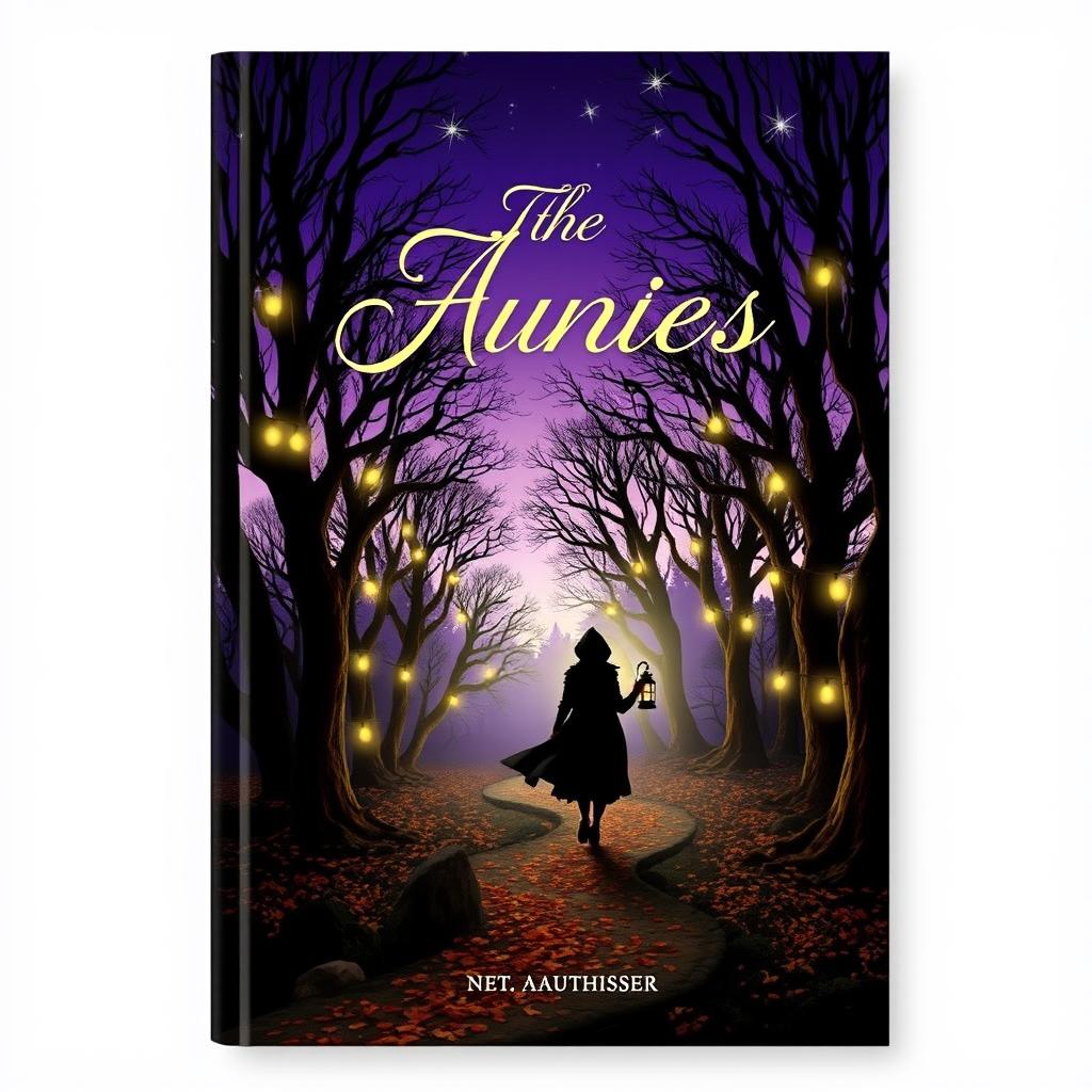 A captivating book cover design featuring a mystical forest at twilight, illuminated by soft, glowing fairy lights hanging from the ancient trees