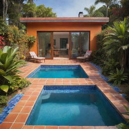 A small modern beach house with a compact front pool, radiating a Mexican vibe, with vibrant colors, traditional tilework, and lush tropical plants.