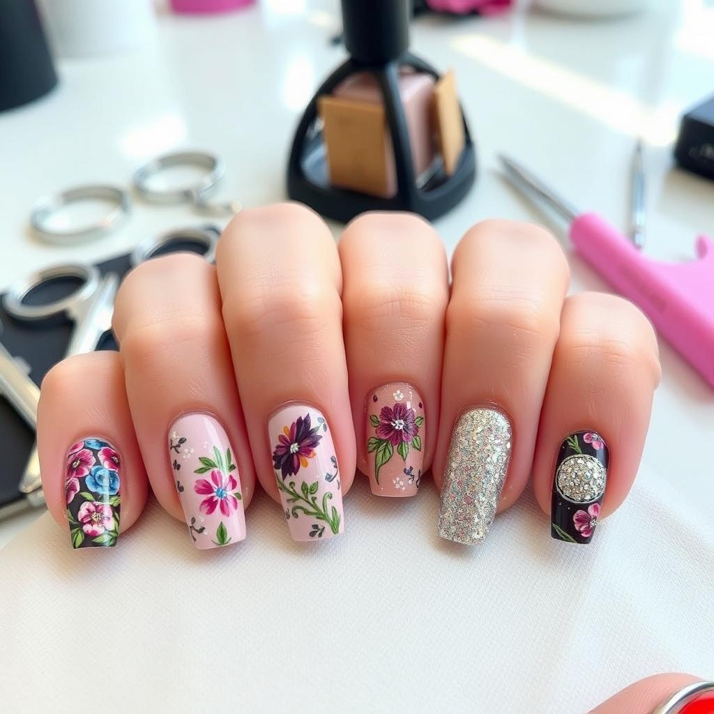 A beautifully designed manicure showcasing intricate nail art