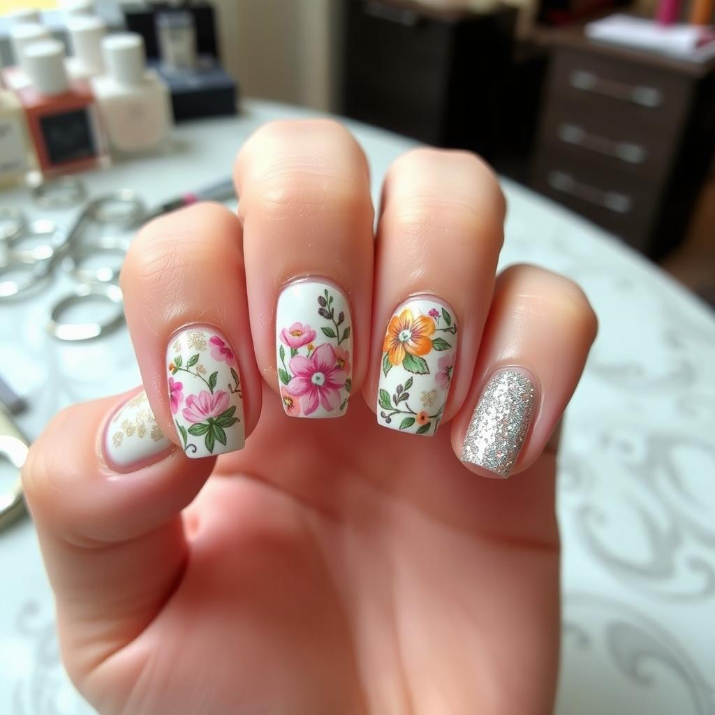 A beautifully designed manicure showcasing intricate nail art