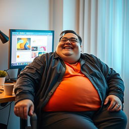 A vivid image of an obese person sitting comfortably at a desk in front of a computer, displaying a look of pleasure on their face