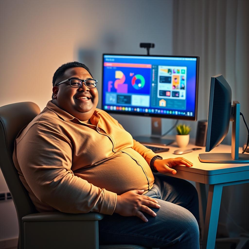 A vivid image of an obese person sitting comfortably at a desk in front of a computer, displaying a look of pleasure on their face